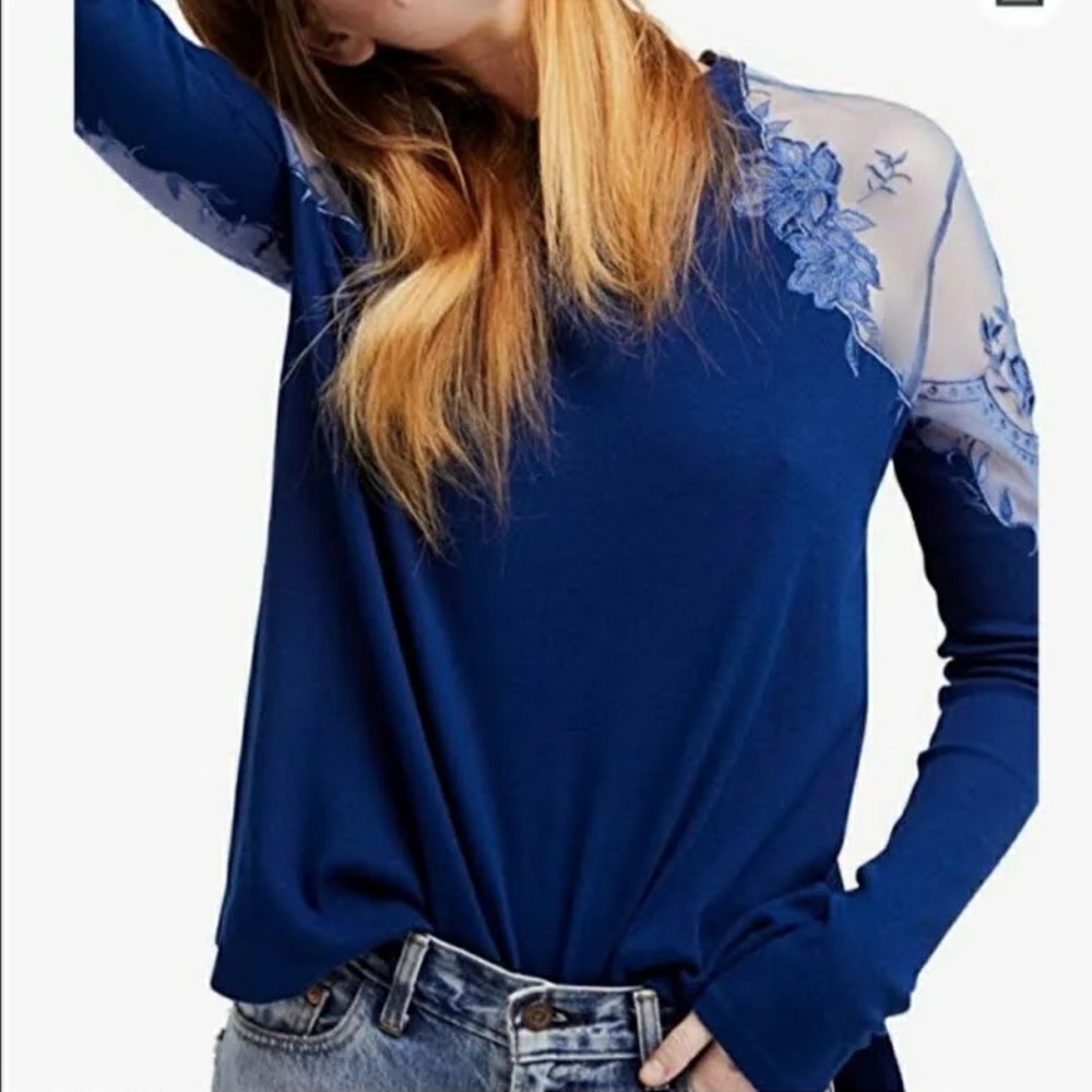 Free People long sleeve top lace shoulder cut-out.